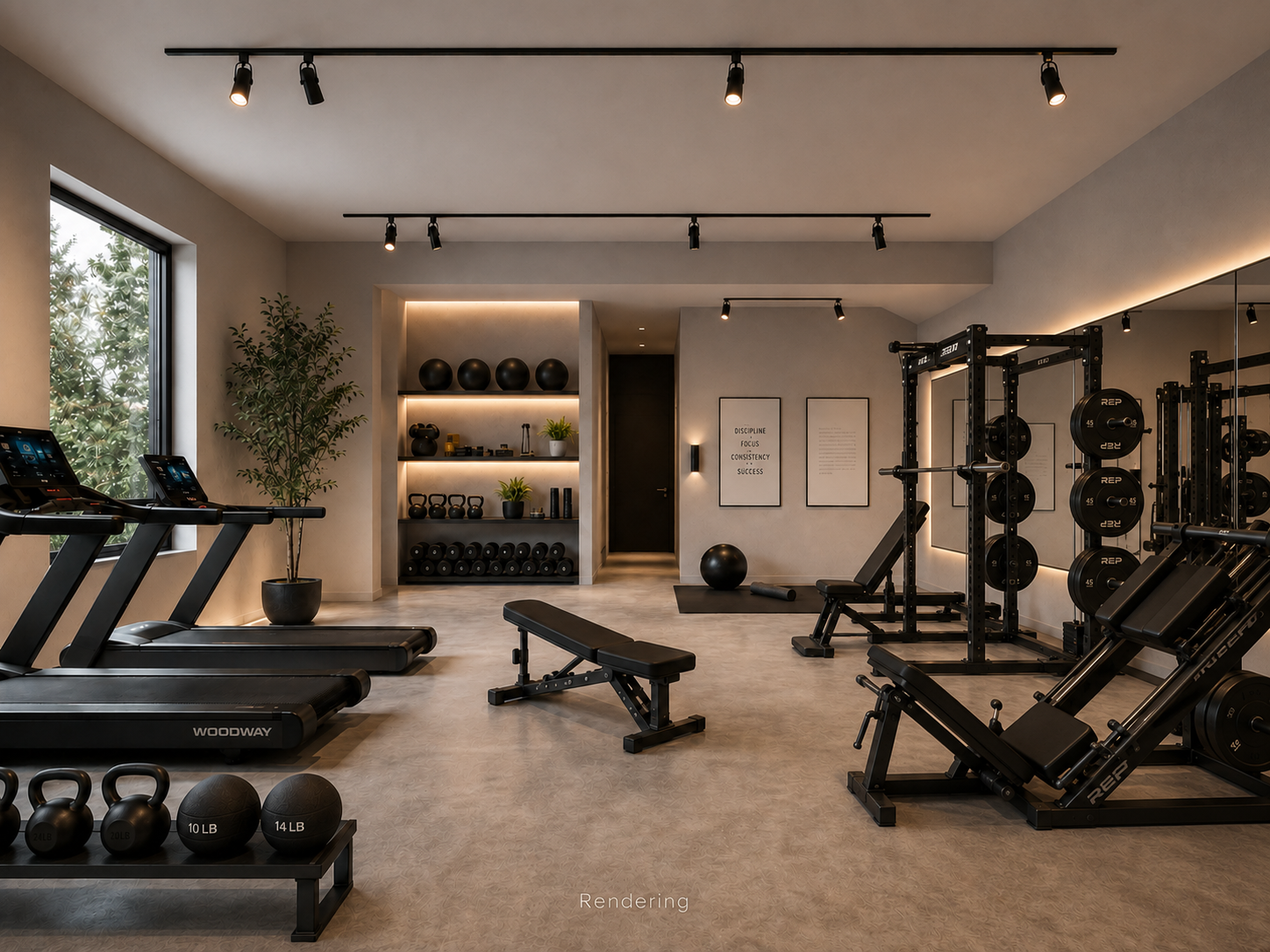 Wellness center with treadmills, free weights, and squat rack